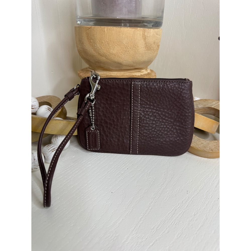 Coach Mahogany Brown Pebbled Leather Wristlet Clutch Bag Silver Hardware